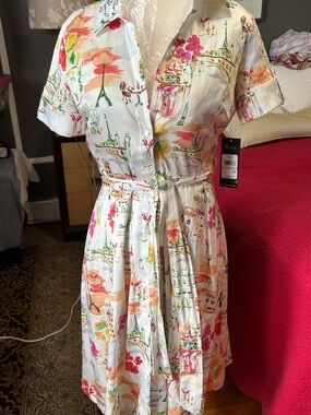 Karl Lagerfeld White Shirt Dress with Multicolor Scenic Print size 2 nwt